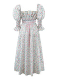 Square Collar Flower Print Front Hem Slit Swing Midi Big Backless Dress Woman Elastic Puff Sleeve Holiday Robe-Outfit