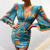 ArtsuWomen Sexy Deep V Neck Floral Print Dresses Long Lantern Sleeve Ruched Dress Elegant Female Bodycon Party Dress
