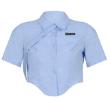 Y2K White Corest Top Cotton Preppy Style T Shirt Cute Summer Korean Style Short Women's Tees Turn Down Collar