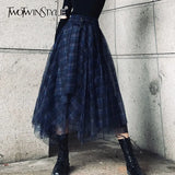 Plaid Patchwork Mesh Women's Skirts High Waist Hit Color Elegant A Line Skirts Female 2020 Spring Fashion