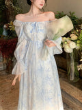 Floral Sexy Dress Women Elegant Party Midi Dress Casual High Waist Puff Sleeve Korean Fashion Holiday Female Dress