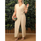 Summer New Women's Pure Color Loose Casual Strap Cotton Linen Jumpsuit V