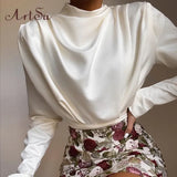 White Satin Chemisiers Blouse Long Sleeve Bodysuit Party Wear Ladies Clothe Bodysuits Tops Women Romper Mujer Shirt