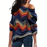 Women Blouses Off Shoulder Tops Striped Print Pullover Jumper Casual Knitted Top Long Sleeve Blouse Shirt Camiseta