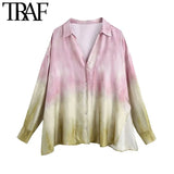 Women Fashion Oversized Tie-dye Print Blouses Vintage Long Sleeve Side Vents Female Shirts Blusas Chic