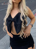 Black Bow Crop Tops Sexy Outfits for Woman Night Club Open Back Halter Top French Vintage Tanks Camis 2022