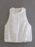 Summer Style Hollowed-Out Embroidered Sleeveless Blouse Loose Waist Embroidered Flute Skirt Suit-Outfit