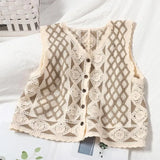 Vest Women Vintage Outerwear Slim Single Breasted V-neck Hollow Out Patchwork Knitting Art Retro Newest Design