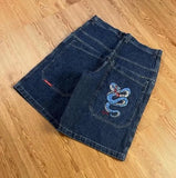 Year's Popular Street Y2K Jeans, Sports Trousers, Hip-Hop Cartoon Embroidery, Retro Blue Loose.-Outfit