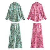 Spring Style Silk Satin Loose Shirt Printed Flute Skirt Set-Outfit