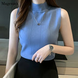 2021 Sleeveless Summer Blouse Women Korean Knit Elastic Casual Clothes Solid Turtleneck Fashion Ladies Tops Blusas 8623