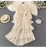Fairy Seaside Holiday Chiffon Dress Female Lotus Lace V Collar Temperament Folded Waist Thin Swing