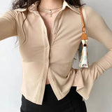 Polo Collared Horn Sleeve Shirt Slim Slim Elastic Long-Sleeved