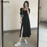 Women Square Collar Holiday Lady Sundress Side-slit Design Pure Summer Sexy Fashion Vintage French Style Simple High