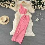 Purple Summer Women Solid 2 Piece One Shoulder Crop Top Tanks Slit Midi Skirt Set Bodycon Sexy Party Elegant
