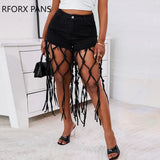 Women Chic Casual Solid Criss Cross Grid Tassels Women Denim Shorts-Outfit