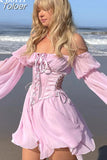 Chiffon Slash Neck Mini Dress Women Summer Beach Vacation Long Sleeve Corset Bandage Sundress Party Casual Dresses