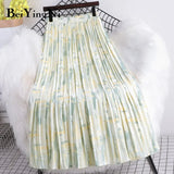 Summer Chiffon Beach Boho Maxi Women Skirt High Waist Floral Print Vintage Holiday Ruched Long Fashion Skirts