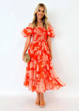 Summer Women's Uniform Collar Chiffon Bubble Sleeve Layered Print