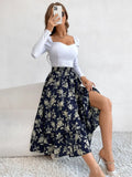 Printed Modest High Waist Elastic Waist Print Midi A-Line