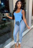 Sexy Sleeveless High Waist Solid Mesh Skinny Two Piece Pants