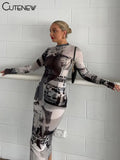 Women's Elegant Printed O-neck Patchwork Maxi Dress Full Long Sleeves Body-shaping Robe Lady Evening Attirewear Vestidos-Outfit