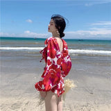 Print Two Piece Set Women Square Neck Lantern Sleeve Hollow Out Sexy Tops High Waist Shorts Suit Female