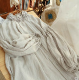 Stand Loose Plus Size Solid White Lantern Sleeve Hemp Cotton Cardigan Woman Dress 425-1-Outfit