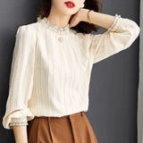 and Winter Women's Pullover Half High Neck Solid Button Bright Silk Spliced Petal Bubble Long Sleeve T-shirt Chiffon Tops-Outfit