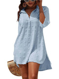 Solid Long Shirts For Women Fashion Jacquard Turn Down Collar 3/4 Sleeve Loose Tops Casual Oversize Chiffon