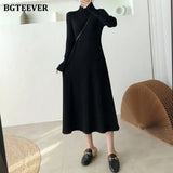 Elegant Warm Half Turtleneck Ladies A-Line Sweater Dress Full Sleeve Slim Waist Women Knitted Mid-Calf Vestidos
