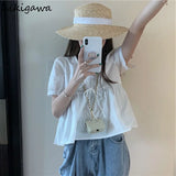 Style Blouse for Women Sweet Puff Sleeve Summer Loose Shirts Crop Tops Bandage Chic Blouses 2023 Blusas Mujer De Moda-Outfit