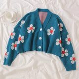 Flower Knit Cardigans Sweater Women Vintage Style Elegant Coat Loose Print Short Tops Cute V-Neck Female Sweater