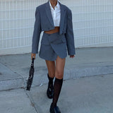 Sexy Cropped Blazer+Skirt Two peice set Women Corduroy Blazer High Waist Irregular Cross Slit Mini Skirt Long Sleeve