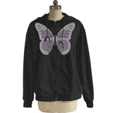 Y2K Fashion Oversized Butterfly Graphic Rhinestone Zip Up Hoodies E-girl 90s Streetwear Diamond Grey Long Jacket Autumn