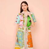 2025 New Women's Temperament Fashion Print Open Shirt Flip-Tie With