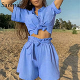 Khaki Casual Beach Women Summer Tracksuit Shorts Set Short Sleeve Shirt Tops And Loose Mini Shorts Two Piece Set