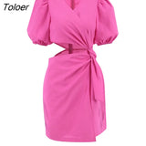 Sexy Hollow Out Summer Female Wrap Dresses 2022 Cotton Linen Casual Pink Pencil Dress Women V-Neck Puff Sleeve Short