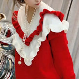 Solid Color Ruffles Spliced Sweaters Women's Clothing Korean Long Sleeve Autumn Winter Elegant V-Neck Knitted