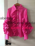 Ruffle Trim Shirt For Women Lapel Lantern Sleeve Loose Solid Button Through Blouse Female Fashion