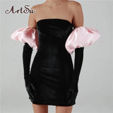 Fashion Strapless Tube Mini Dress Women 2021 Fall Winter Solid High Waist Slim Puff Sleeves Elegant With Gloves Party