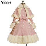 Women Lolita Autumn Coat Warm Fur Collar Bowknot Dress Jacket Fashion Sweet Princess Breasted Overcoat Halloween Costume