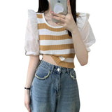 Bump Striped Short-Sleeved Knitted Shirt Women's Thin Summer Design Sense Of Small Unique Special Loose
