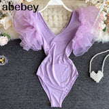 Women Girl Soild V Neck Mesh Ruffle Lotus Leaf Sleeve Bodysuits Swim Beach Holiday Bodysuit Rompers