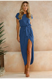 Summer Dress Female Short Sleeve Irregular Slit Fashion Short Sleeve O-neck Pullover Bodycon Slim Long Dress