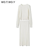 WOTWOY Knitting Cashmere Pullover and Skirt Two Piece Set Women Slim Fit Cropped Tops Women Autumn Elegant Sweater Outfits