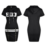 Hooded Women Summer Dress Short Sleeve Letter Print Zipper Bandage Hoodies Lady Casual Sport Bodycon Vestidos Mini Dresses-Outfit