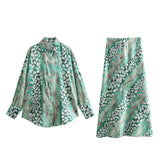 Spring Style Silk Satin Loose Shirt Printed Flute Skirt Set-Outfit