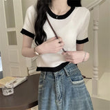 Clamming Color Splicing T-Shirts For Women's New Summer Fashion Slimming Thin-Sleeved Ice Silk Short-Sleeved Top
