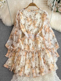 Court Style Lantern Sleeve V Collar Waist Shows Thin Medium And Long A Word Lotus Leaf Edge Printed Chiffon Dress-Outfit